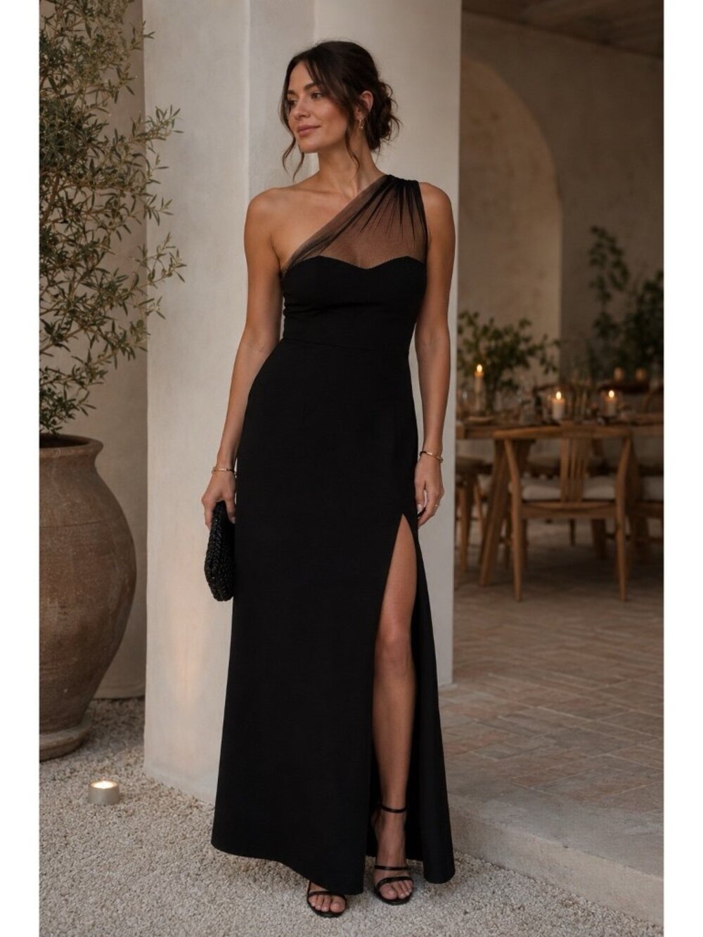 Lulus Brayla Maxi Dress Sz Medium Black One Shoulder Mermaid Gown Sheer Mesh